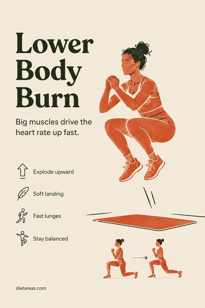 A person performing an explosive squat jump with alternating lunges shown as a fast lower body Tabata workout at home.