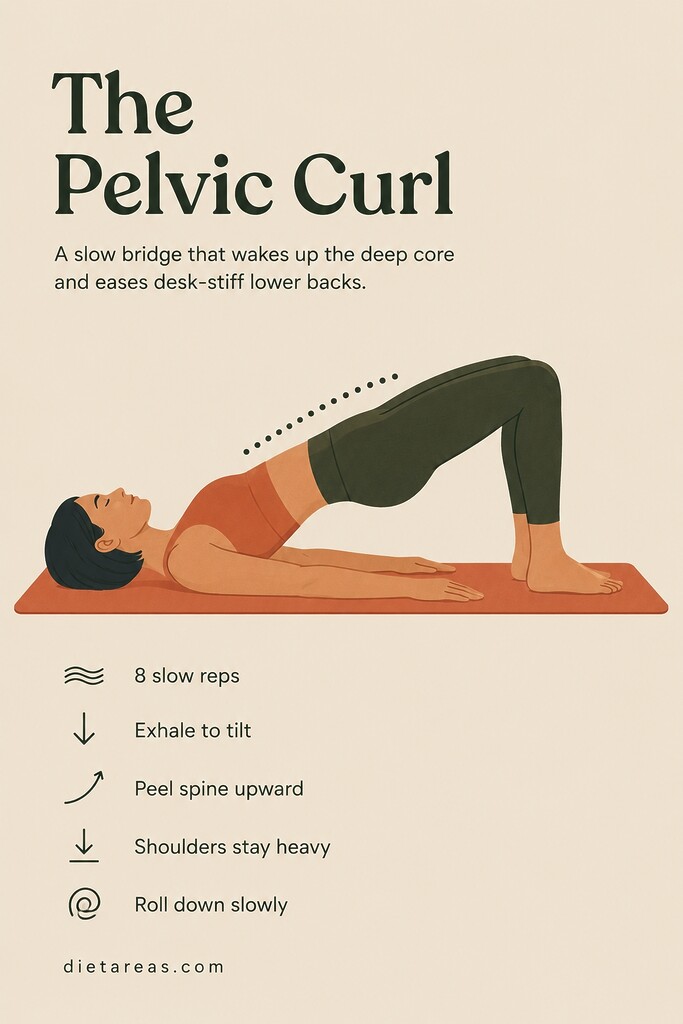 Woman performing the Pelvic Curl Pilates exercise on a mat, lifting her hips slowly while keeping her shoulders grounded.