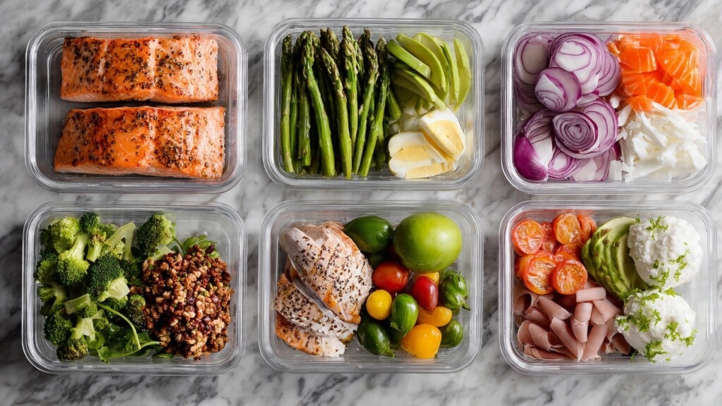 Healthy meal prep containers with salmon, vegetables, eggs, chicken, and fresh produce.