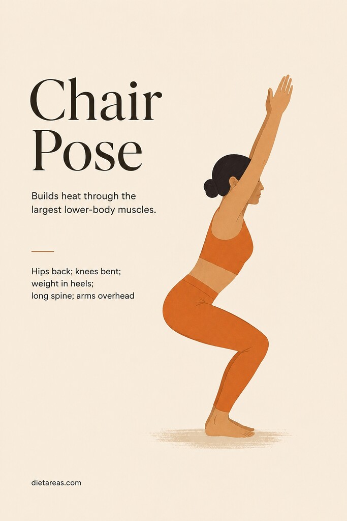 A person holding chair pose with bent knees, raised arms, straight spine, and weight grounded through the heels.