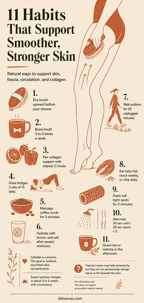 Editorial infographic showing 11 natural habits to support smoother, stronger skin, including dry brushing, collagen-supporting foods, hydration, exercise, walking, omega-3s, foam rolling, contrast showers, and green tea.