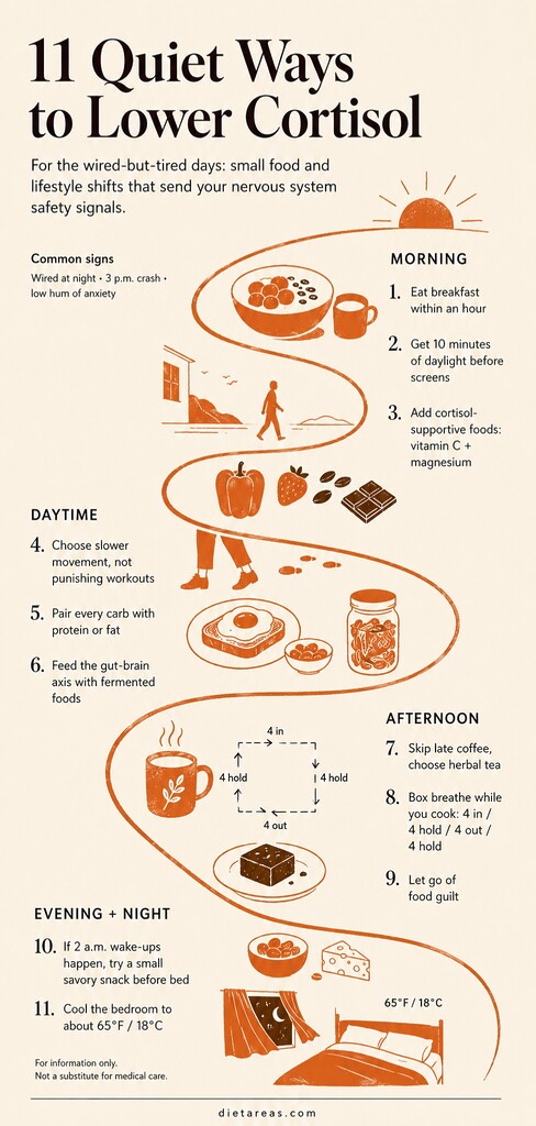 Editorial infographic showing 11 natural ways to lower cortisol, organized from morning to night with breakfast, daylight, movement, balanced meals, breathing, herbal tea, and sleep tips.