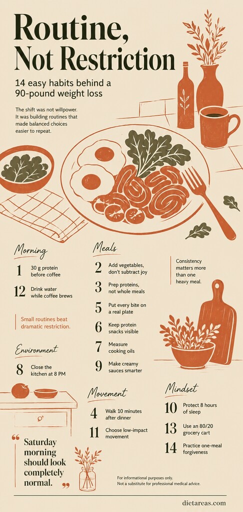 Editorial illustration summarizing 14 sustainable weight loss habits, including protein breakfasts, post-meal walks, meal prep, sleep, hydration, and one-meal forgiveness.