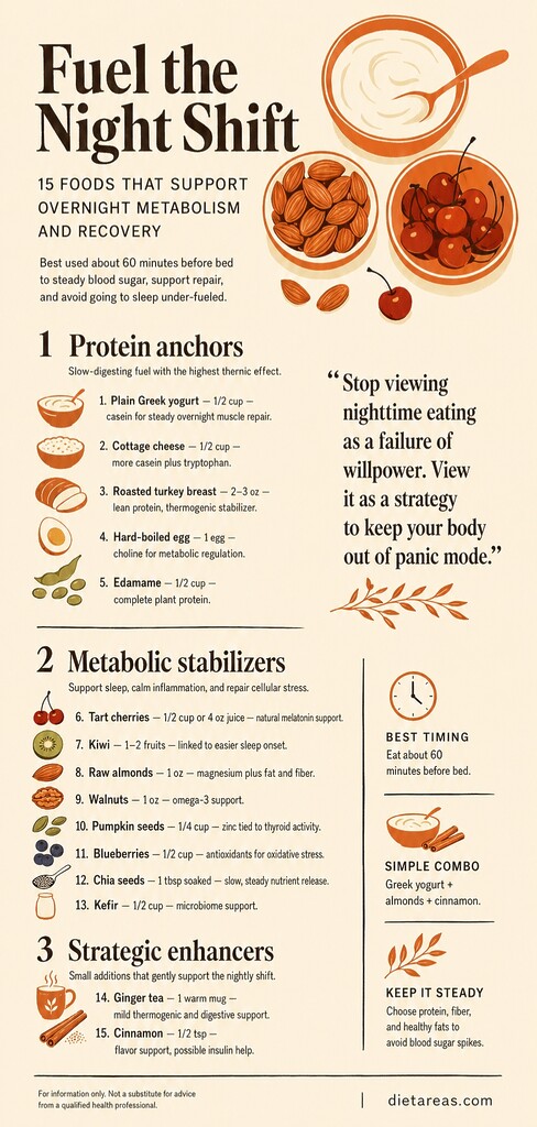 Editorial infographic showing 15 bedtime foods for overnight metabolism and recovery, grouped into protein anchors, metabolic stabilizers, and strategic enhancers.