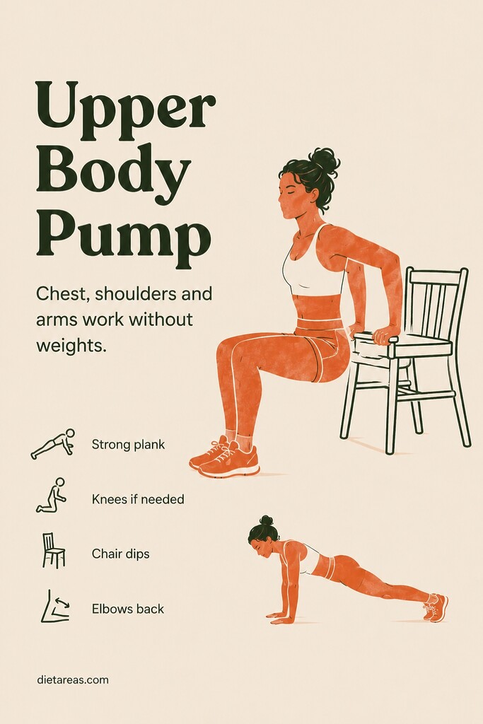A person doing pushups and chair tricep dips for an upper body bodyweight Tabata workout.
