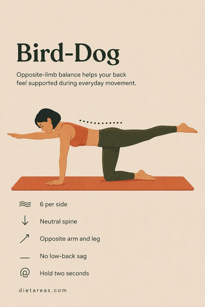 Woman performing the Bird-Dog exercise on hands and knees, extending one arm and the opposite leg with a neutral spine.