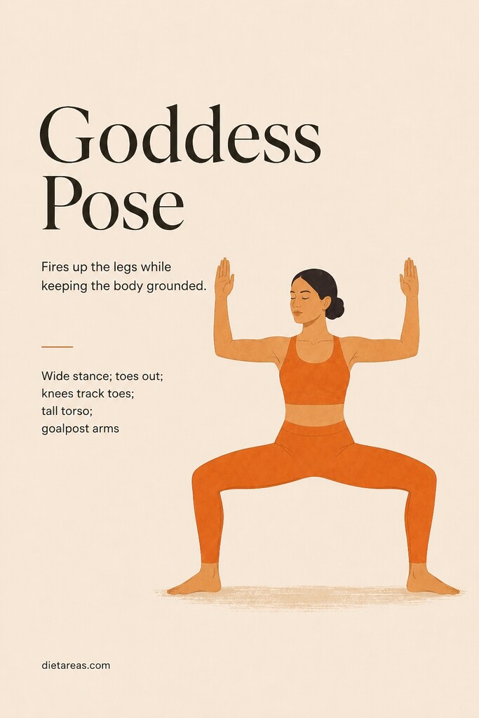 A person in goddess pose with a wide stance, bent knees tracking over the toes, upright torso, and goalpost arms.