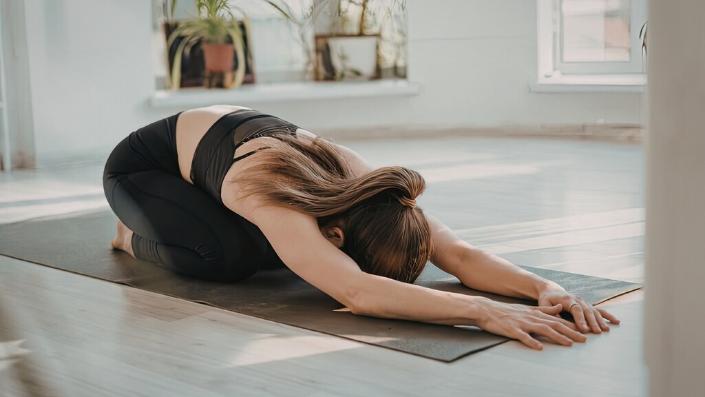 Woman doing a gentle yoga child’s pose on a mat in a bright room, representing low-impact movement.