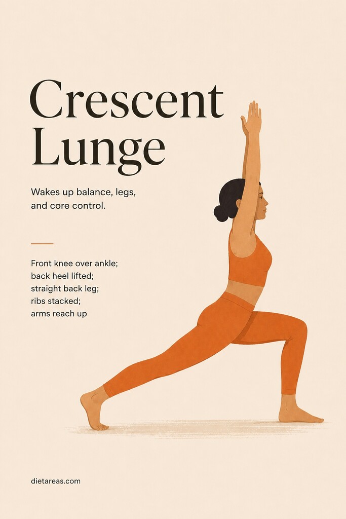 A person demonstrating crescent lunge with a bent front knee over the ankle, lifted back heel, straight back leg, and arms reaching upward.