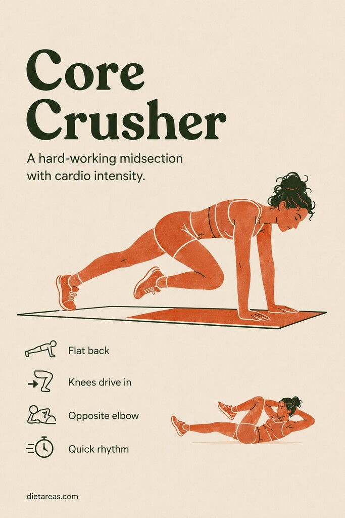 A person in a high plank driving one knee forward for mountain climbers with bicycle crunches shown nearby for a core Tabata routine.