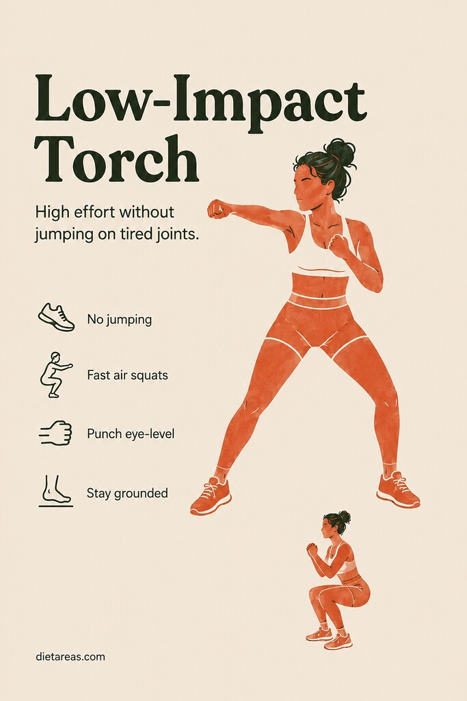 4: A person doing fast air squats and shadow boxing punches as a low-impact Tabata workout for beginners.