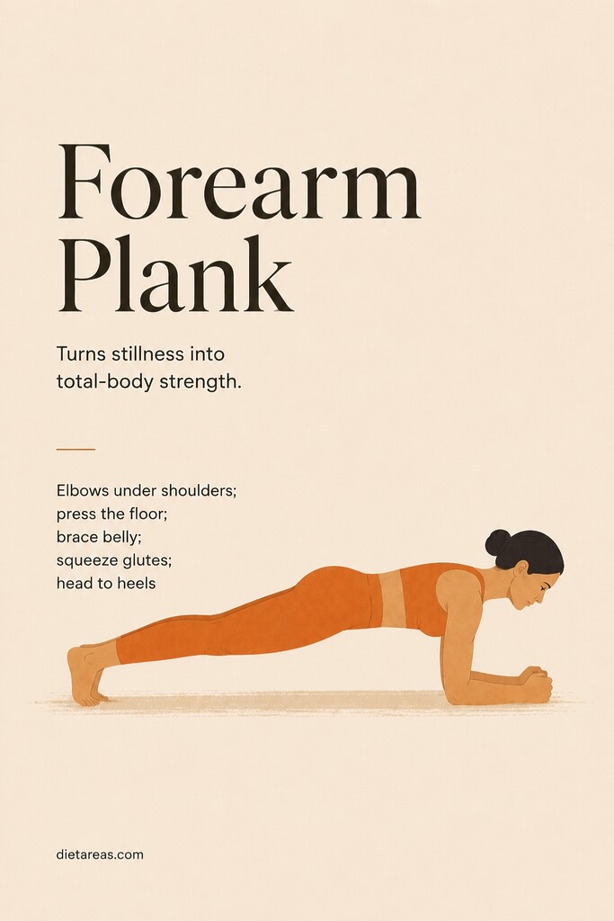 A person holding forearm plank with elbows under shoulders, braced core, squeezed glutes, and a straight line from head to heels.