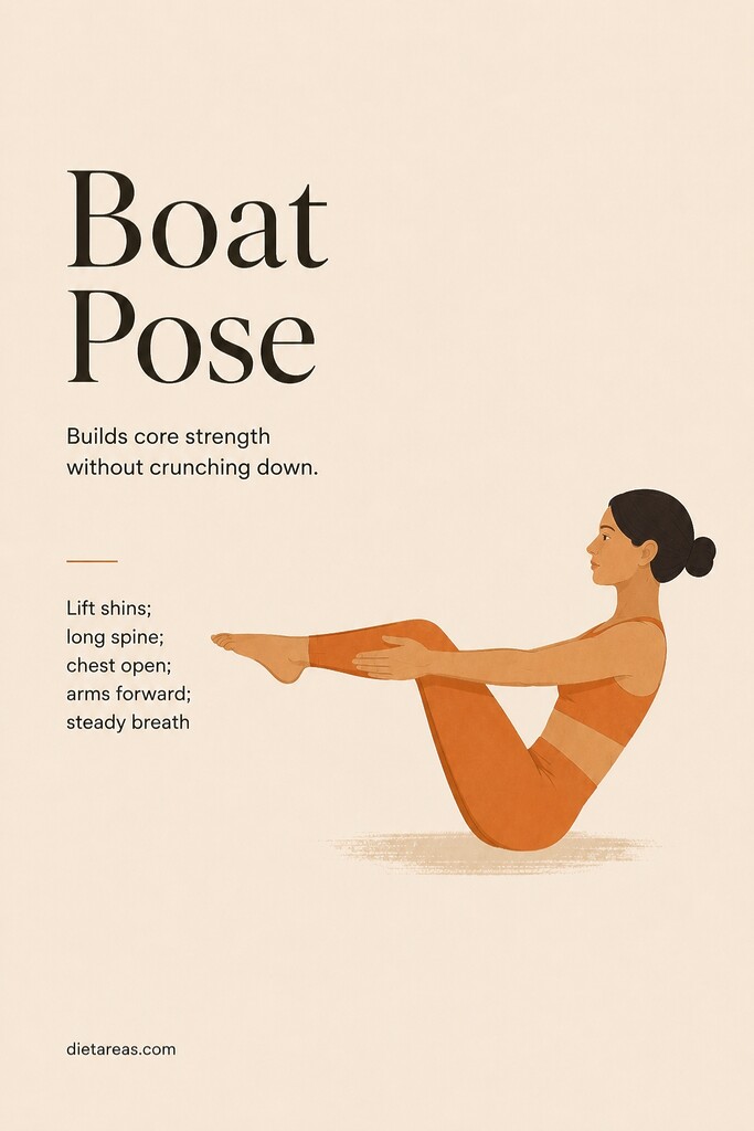 A person balancing in boat pose with lifted shins, long spine, open chest, and arms reaching forward beside the legs.