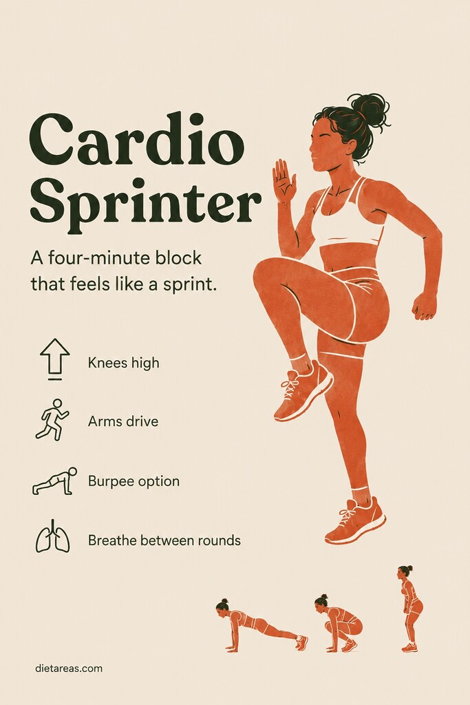 A person running high knees in place with a burpee variation shown for a cardio sprint Tabata workout.