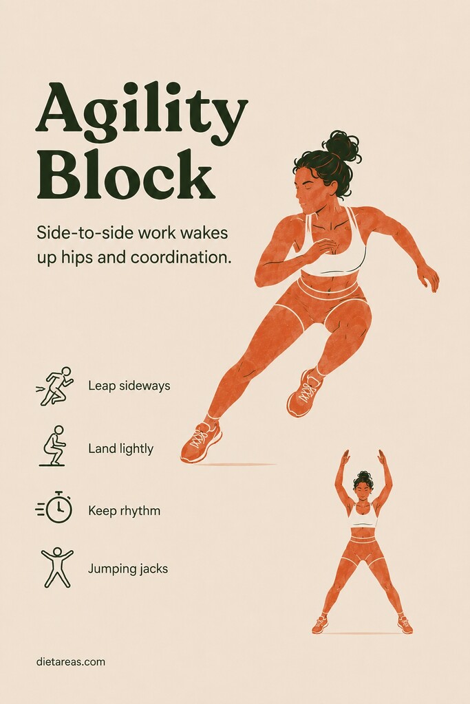 A person leaping side to side in skater jumps with jumping jacks shown as an agility Tabata workout.