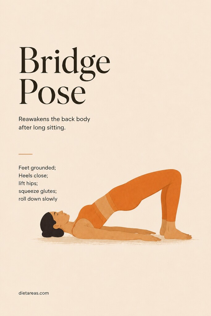 A person performing bridge pose with feet flat, knees bent, hips lifted high, and glutes engaged.