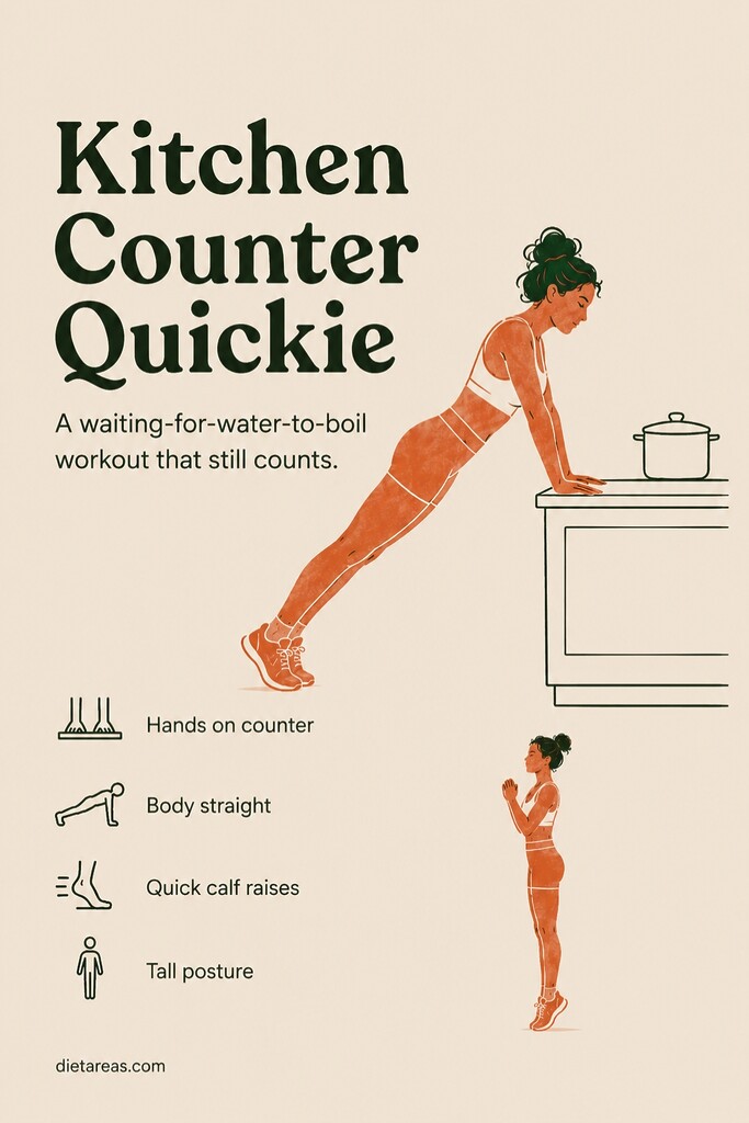 A person doing incline pushups against a kitchen counter with calf raises shown as a quick home Tabata routine.