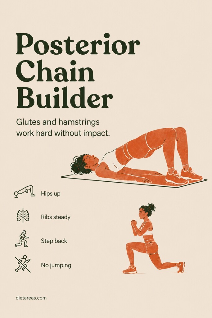 A person pressing into a glute bridge on a mat with reverse lunges shown for a posterior chain Tabata workout.