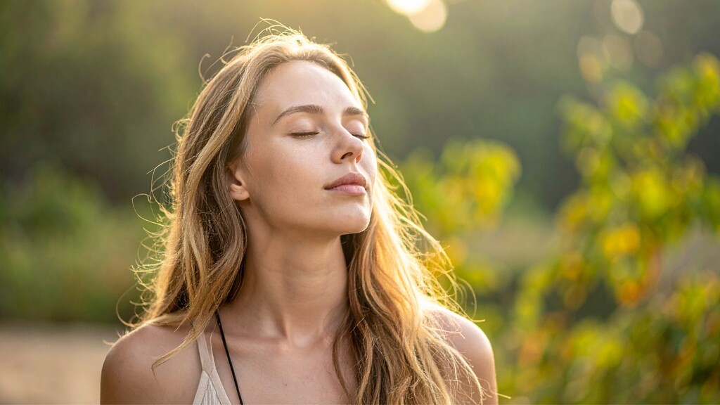 Woman practicing calm breathing outdoors in morning sunlight for stress management and wellness.
