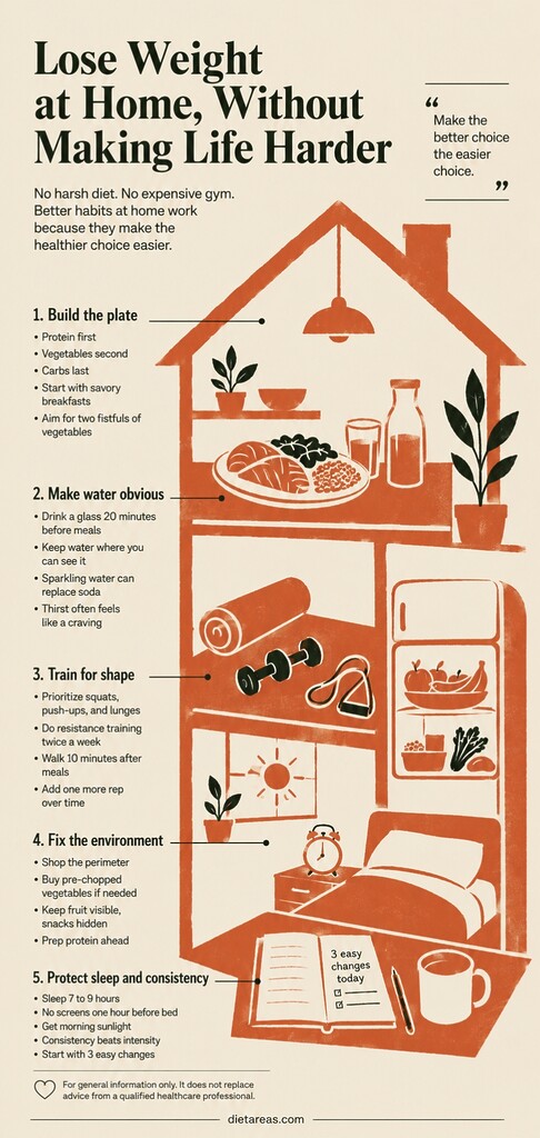 Editorial infographic showing simple at-home weight loss habits, including building a balanced plate, drinking more water, strength training, organizing the kitchen, and protecting sleep.