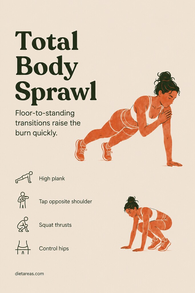 A person holding a high plank and tapping one shoulder with squat thrusts shown as a total body Tabata workout.