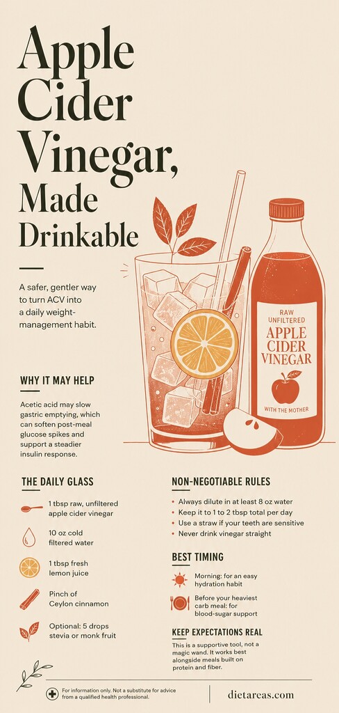 Editorial illustration of a diluted apple cider vinegar drink with lemon, cinnamon, and a bottle of raw apple cider vinegar, summarizing safe daily use, timing, and realistic weight-loss benefits.