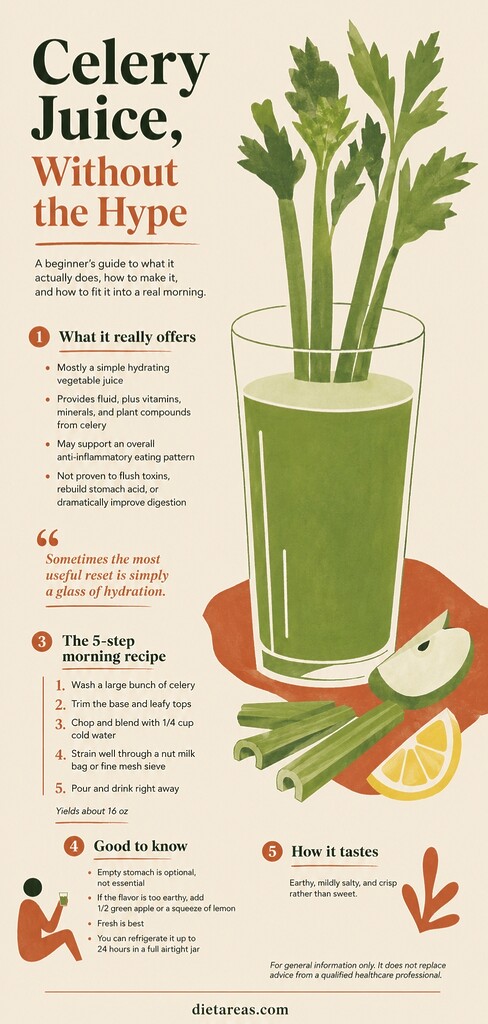Editorial infographic summarizing celery juice benefits, beginner preparation steps, practical morning routine tips, flavor notes, and safety guidance with a tall glass of celery juice.