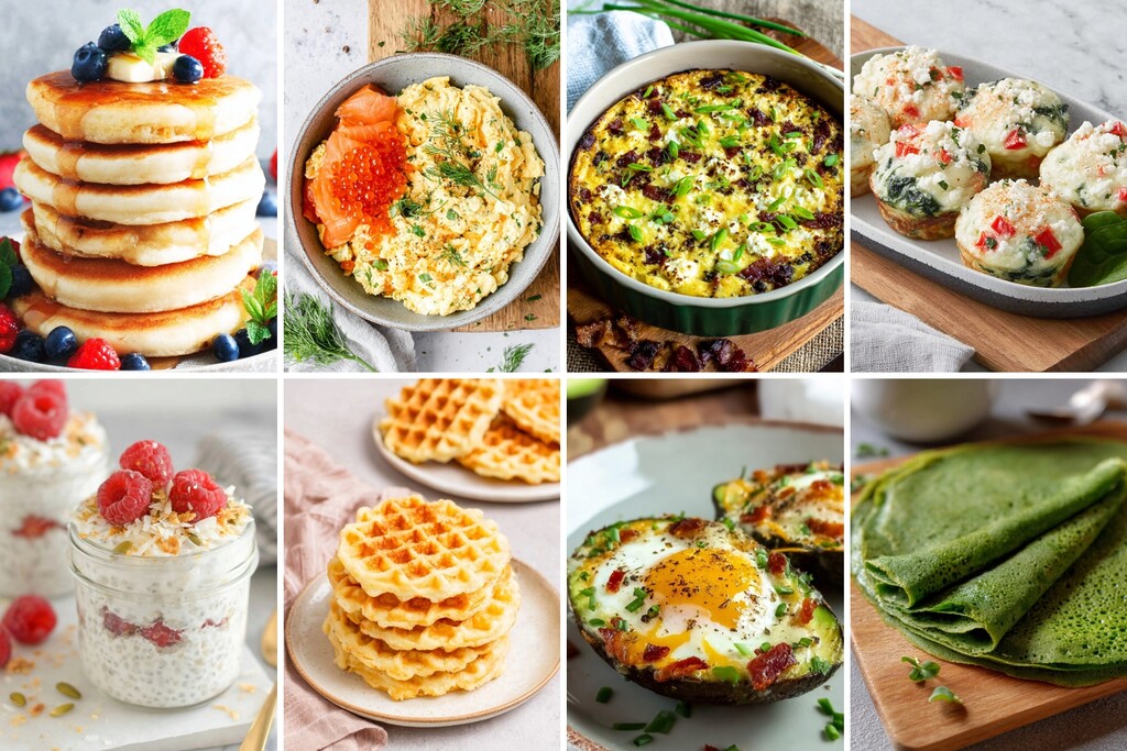 Low-carb keto meal collection with pancakes, egg dishes, waffles, chia pudding, and green crepes