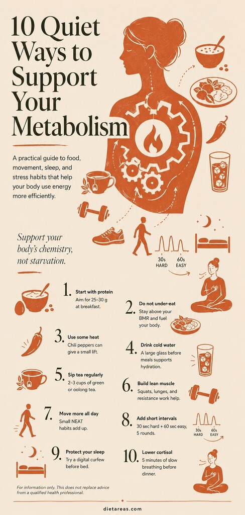 Editorial illustration summarizing 10 metabolism-supporting habits, including protein at breakfast, enough food, chili peppers, cold water, green tea, strength training, daily movement, intervals, sleep, and stress management.