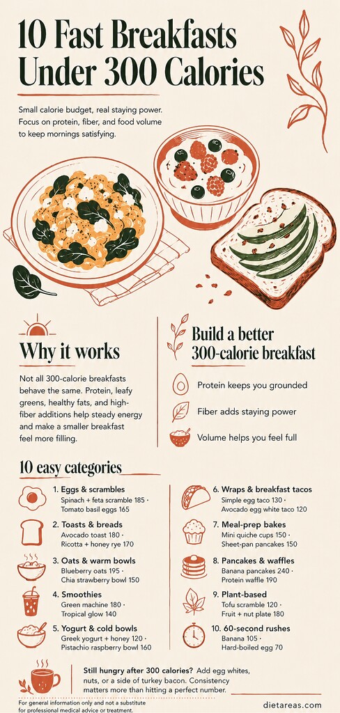 Editorial infographic showing 10 fast breakfast ideas under 300 calories, including eggs, toast, oats, smoothies, yogurt bowls, tacos, meal-prep bakes, pancakes, plant-based options, and quick grab-and-go meals.