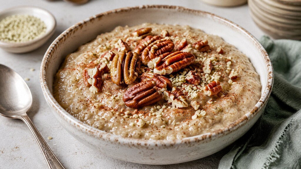 Keto hemp seed porridge topped with pecans, cinnamon, and hemp hearts in a ceramic bowl.