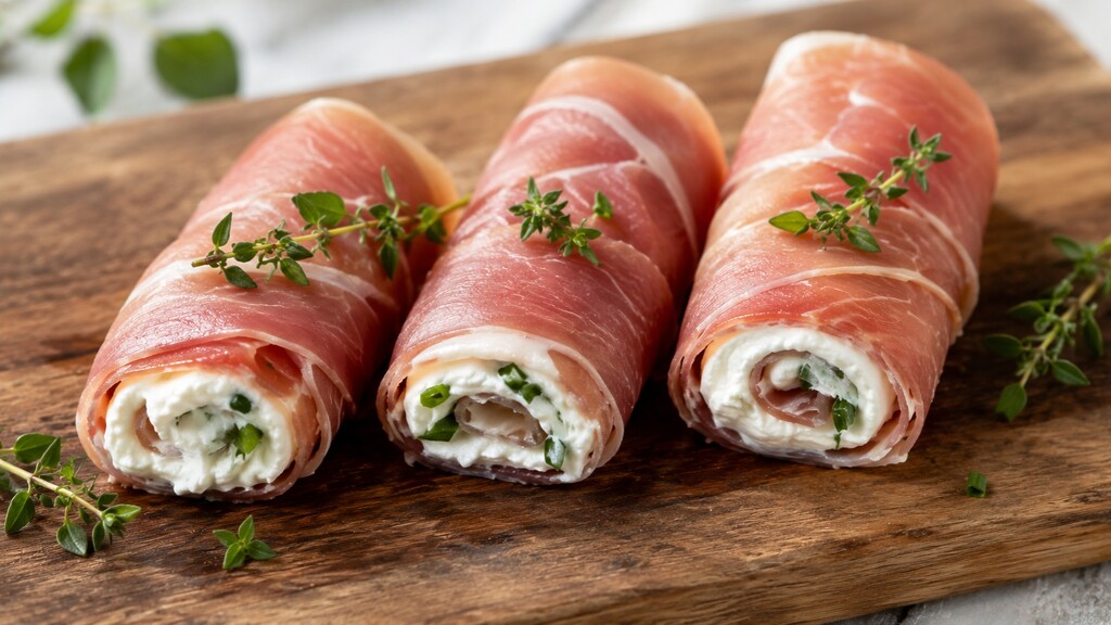 Prosciutto roll-ups filled with herbed cream cheese and garnished with fresh herbs.