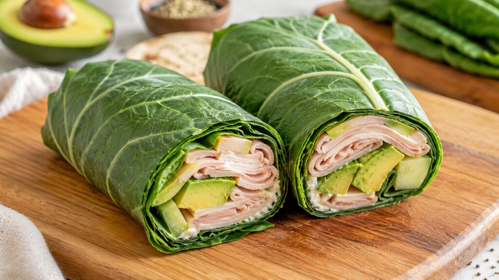 Turkey and avocado collard green wrap sliced in half on a wooden cutting board.