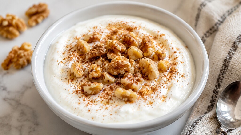 Plain Greek yogurt topped with walnuts and cinnamon in a white bowl.