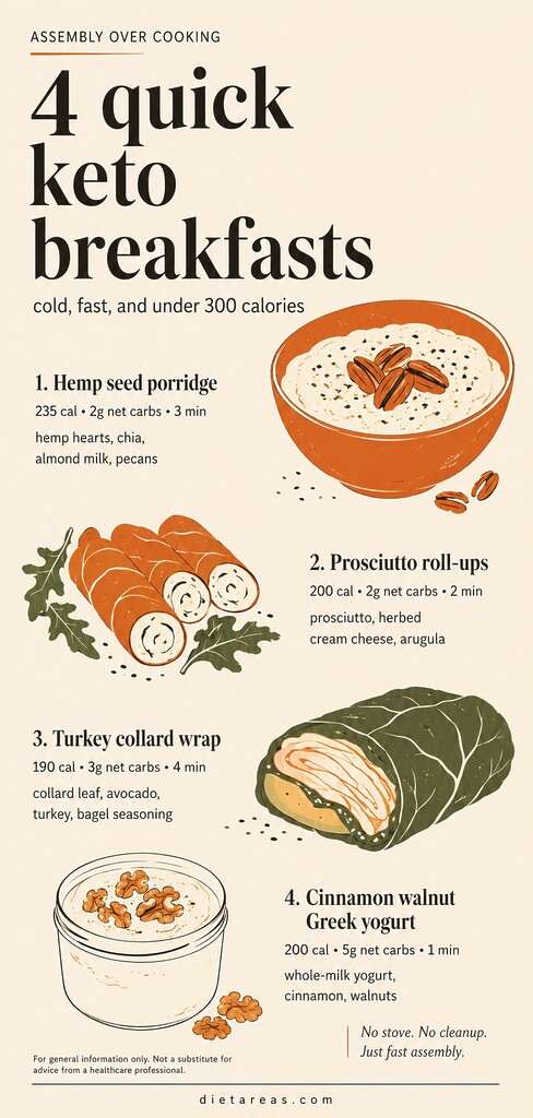 Editorial illustration of four quick keto breakfasts under 300 calories: hemp seed porridge, prosciutto roll-ups, turkey collard wrap, and Greek yogurt.