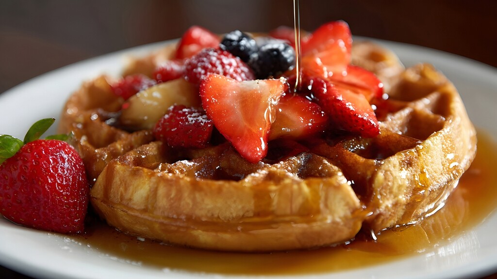 Golden waffle topped with fresh berries and syrup on a breakfast plate.