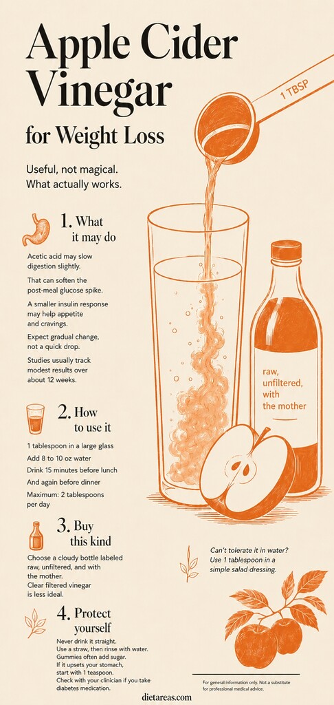 Editorial infographic showing how to use apple cider vinegar for weight loss, including diluted 1 tablespoon doses before meals, raw unfiltered vinegar, appetite support, and safety tips.