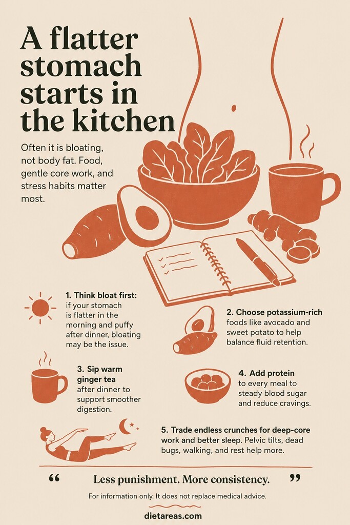 Editorial illustration showing kitchen-first habits for a flatter stomach, including vegetables, avocado, sweet potato, ginger tea, protein, deep core exercise, sleep, and stress balance.
