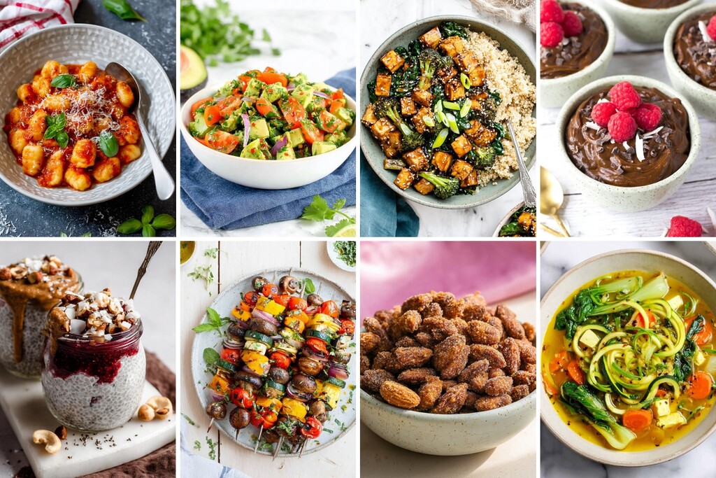 Vegan keto recipe collage featuring avocado salad, tofu vegetable bowls, chia pudding, spiced nuts, and zucchini noodle soup