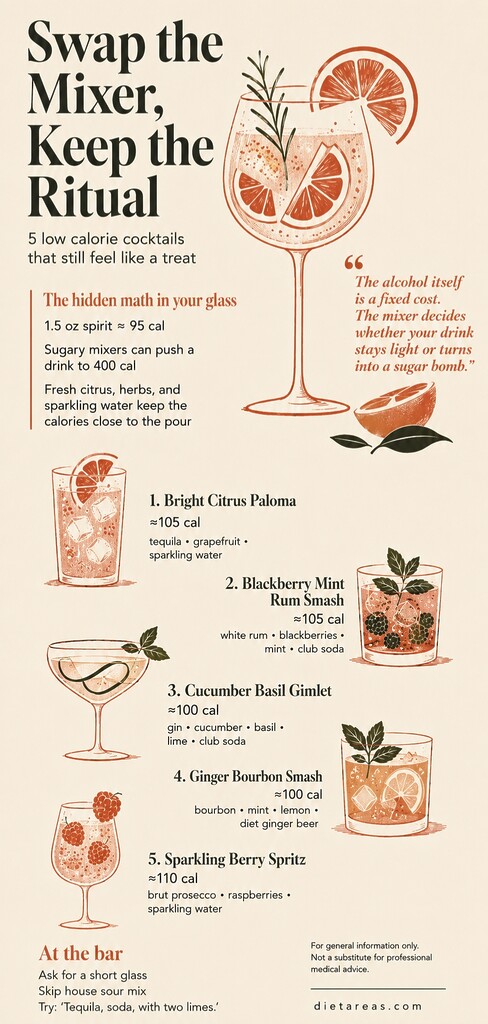 Editorial infographic showing five low calorie cocktail ideas, including a Paloma, rum smash, cucumber basil gimlet, bourbon smash, and berry spritz, with calorie estimates and simple mixer swaps.