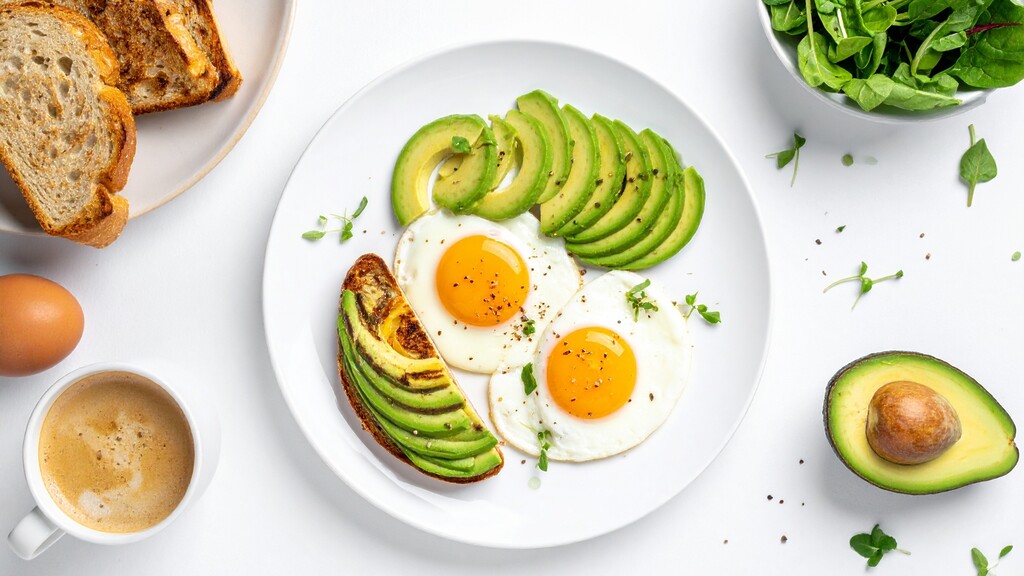 Fried eggs with avocado and greens on a white plate for a savory protein-rich breakfast.