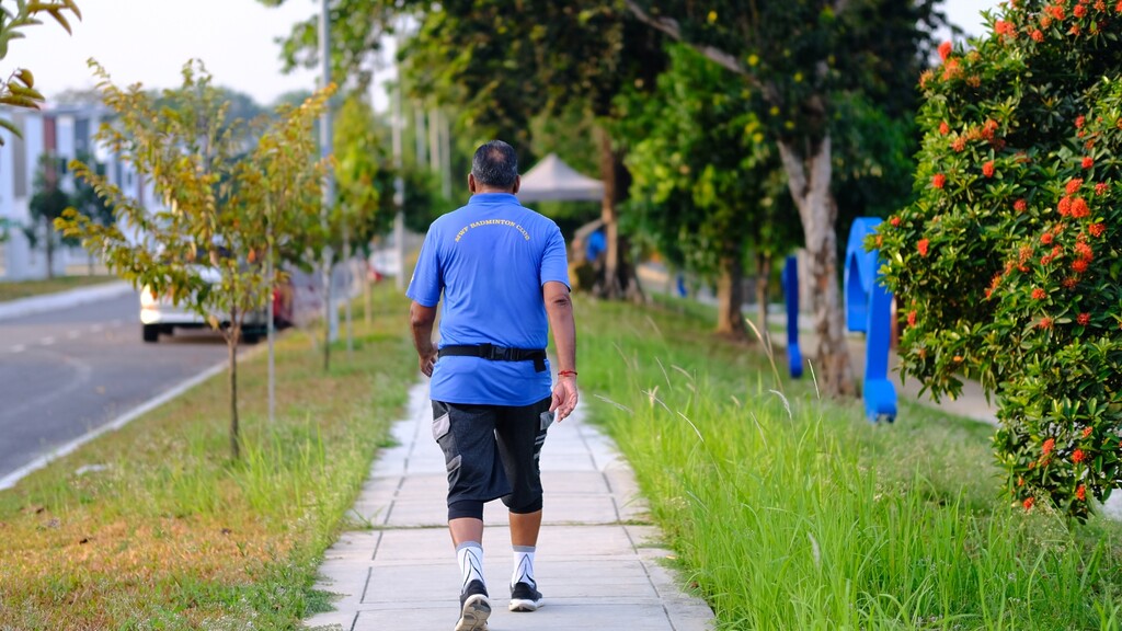 Man walking along a neighborhood sidewalk lined with grass, trees, and flowering shrubs.