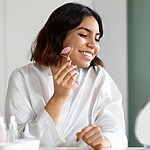 Woman using a pink face roller on her cheek during a morning skincare routine at a vanity mirror.