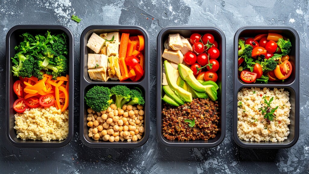 Healthy meal prep containers filled with quinoa, vegetables, avocado, chickpeas, and lean protein.