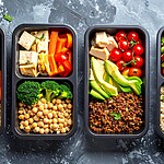 20 Foods, Workouts, and Tips to Burn Stubborn Belly Fat Healthy meal prep containers filled with quinoa, vegetables, avocado, chickpeas, and lean protein.