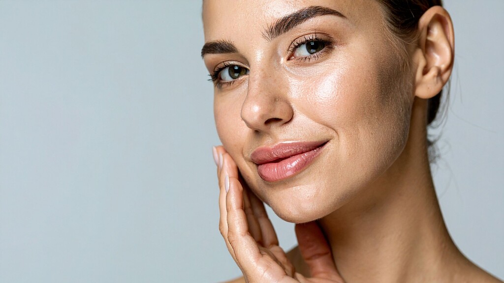 Woman with glowing skin touching her face after a simple skincare routine.