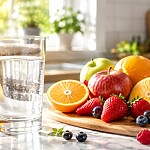 22 Easy Weight Loss Habits to Ditch the Diet Drama Glass of water beside fresh fruit on a bright kitchen counter for an easy healthy morning habit.