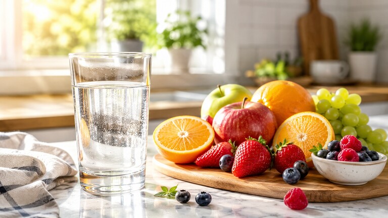Glass of water beside fresh fruit on a bright kitchen counter for an easy healthy morning habit.