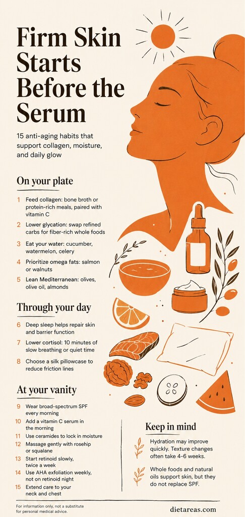 Editorial illustration summarizing 15 anti-aging skincare habits, showing a woman’s profile with food, sleep, SPF, serum, and moisture-supporting skin care tips.