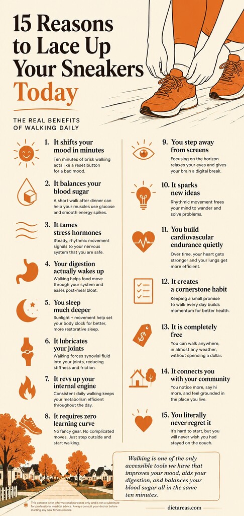 Editorial infographic showing 15 benefits of daily walking, with illustrated orange sneakers, walking icons, and a summary of how walking supports mood, blood sugar, digestion, sleep, creativity, and heart health.
